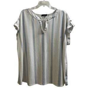 Cure Top Striped Blue & White Keyhole Blouse 2XL 2X Stretch Plus Size Shirt